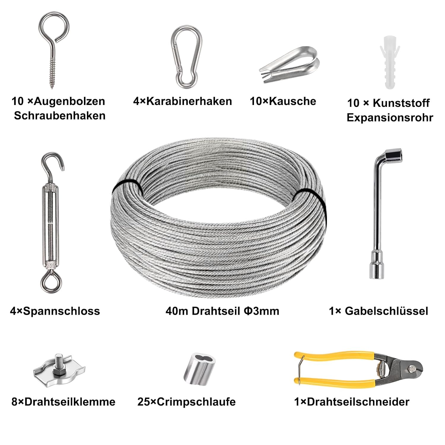 Detalle de Philtool 40M 3mm Edelstahl Drahtseil Kit – 74teilig, Ummantelung mit Ösen