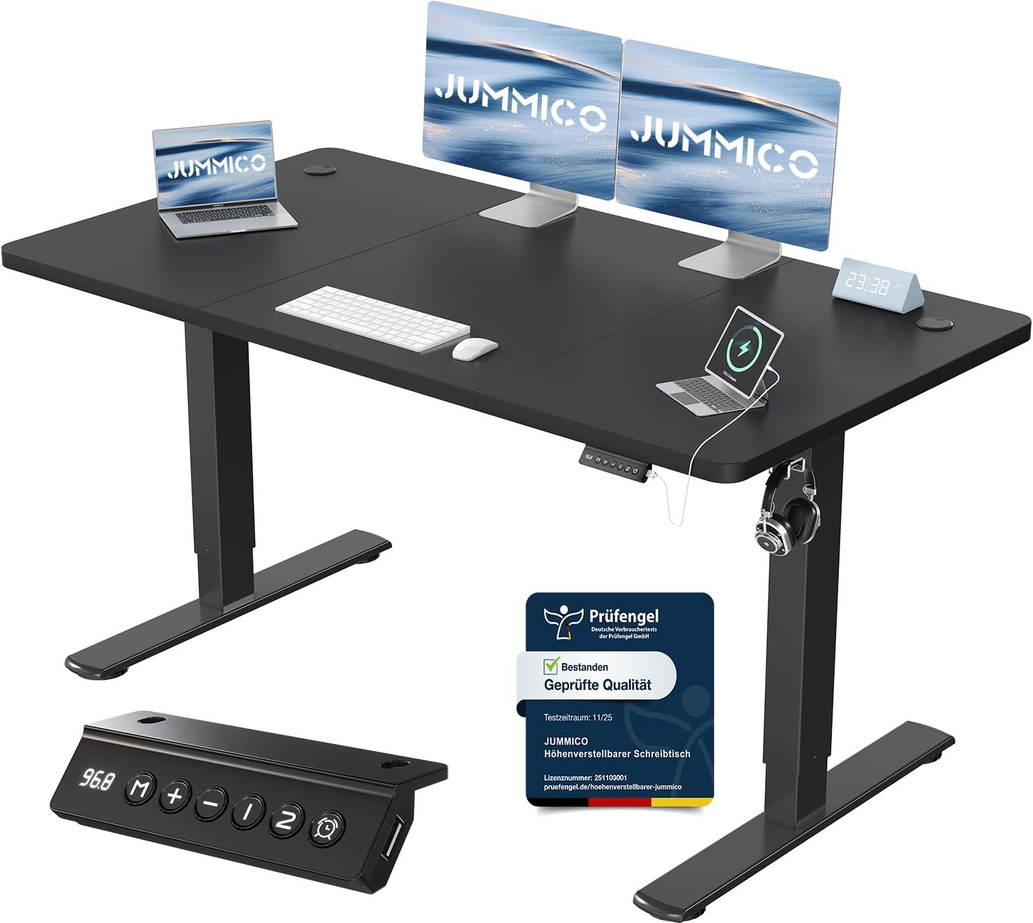 Detalle de JUMMICO elektrisch höhenverstellbarer Schreibtisch mit USB-Ladeanschluss, 140 x 60 cm (schwarz)