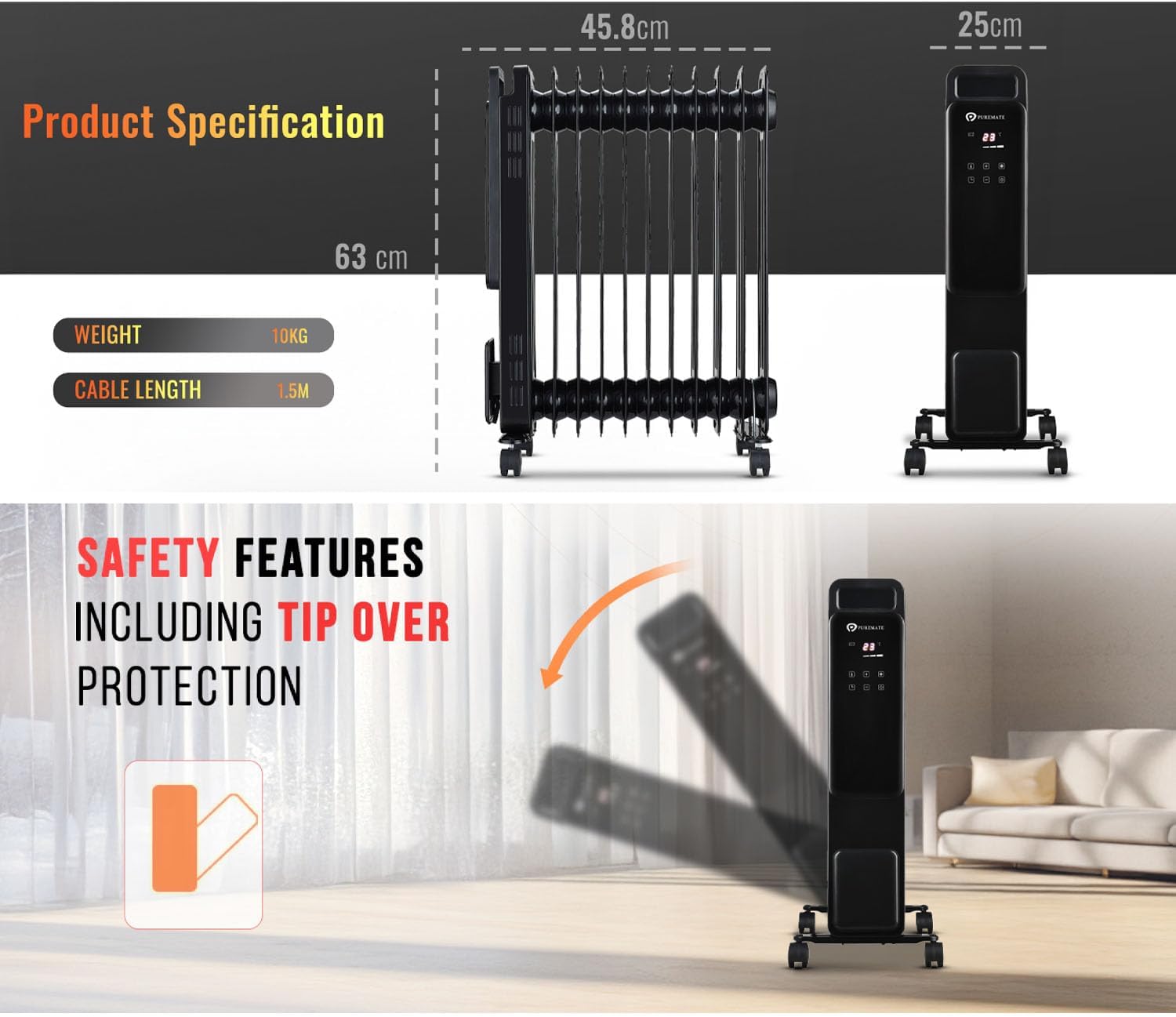 Thumbnail 4 de PureMate 2500W oil-filled radiator with timer