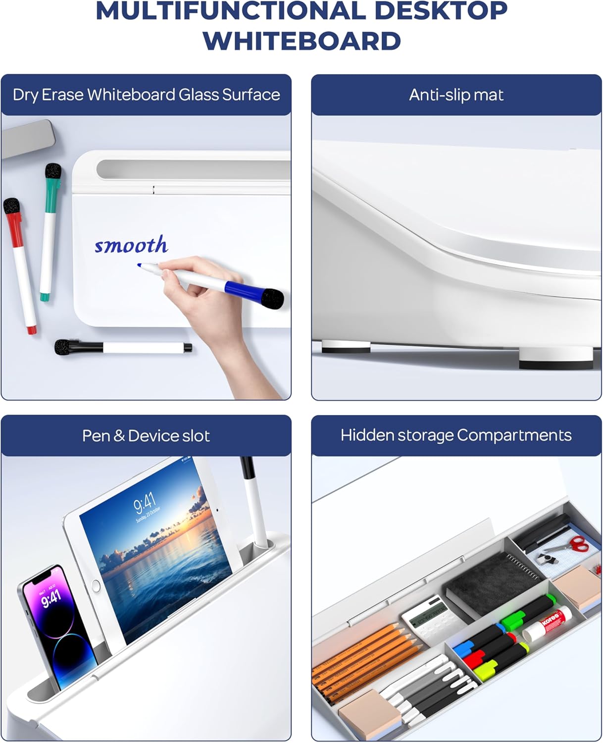 Detalle de Nicpro Glass Desktop Whiteboard with Storage (40x18cm) – Small Magnetic Glass Board with 4 Pens, Eraser and Keyboard Stand