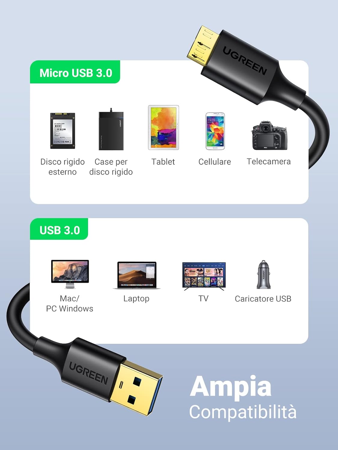 Thumbnail 5 de UGREEN Cavo Micro B a USB 3.0 A 5 Gbps per Disco Rigido Esterno e dispositivi con microUSB 3.0