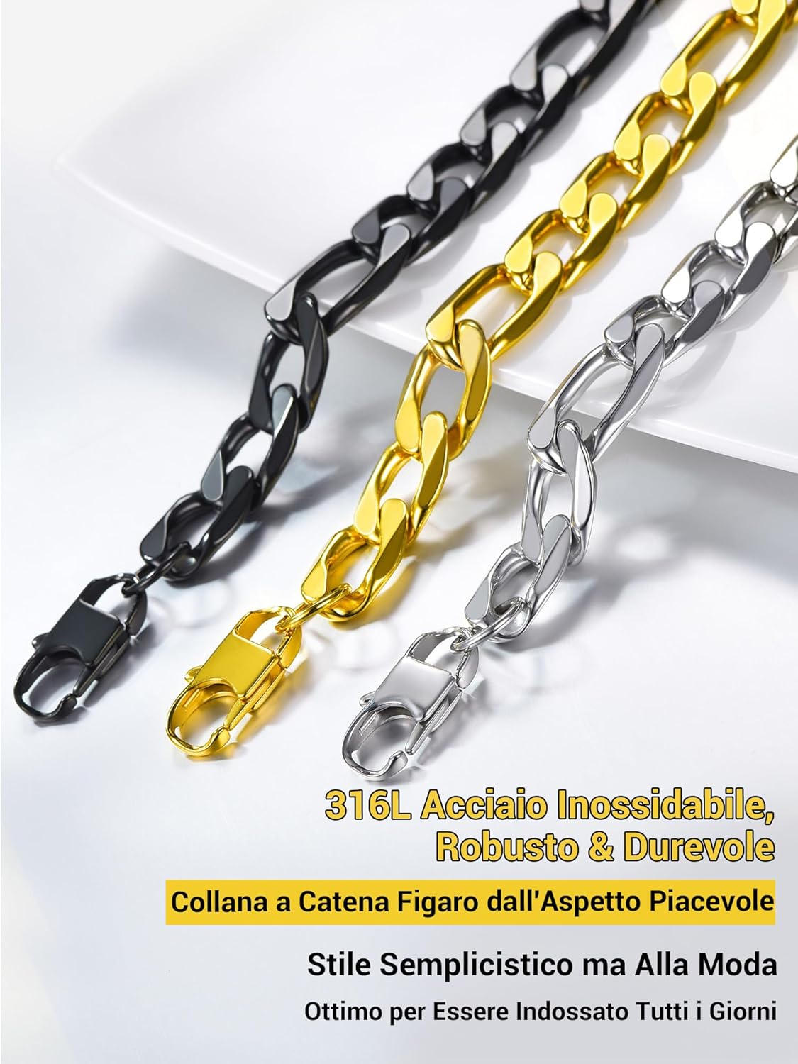 Thumbnail 5 de PROSTEEL Collana Catena Semplice da Uomo – Modello Figaro 3+1, 4/6/9/13 mm, Acciaio Inossidabile / Placcato Oro 18K, Colore Argento Oro Nero | Confezione regalo
