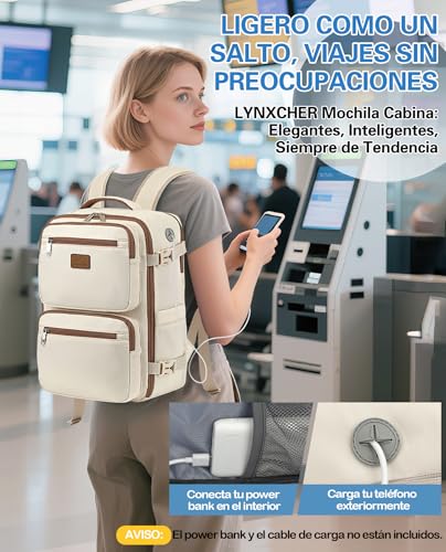 Detalle de Mochila LYNXCHER 40x30x20 cm — 24 L, cabina de avión Aprobada, 15,6" portátil, Beige