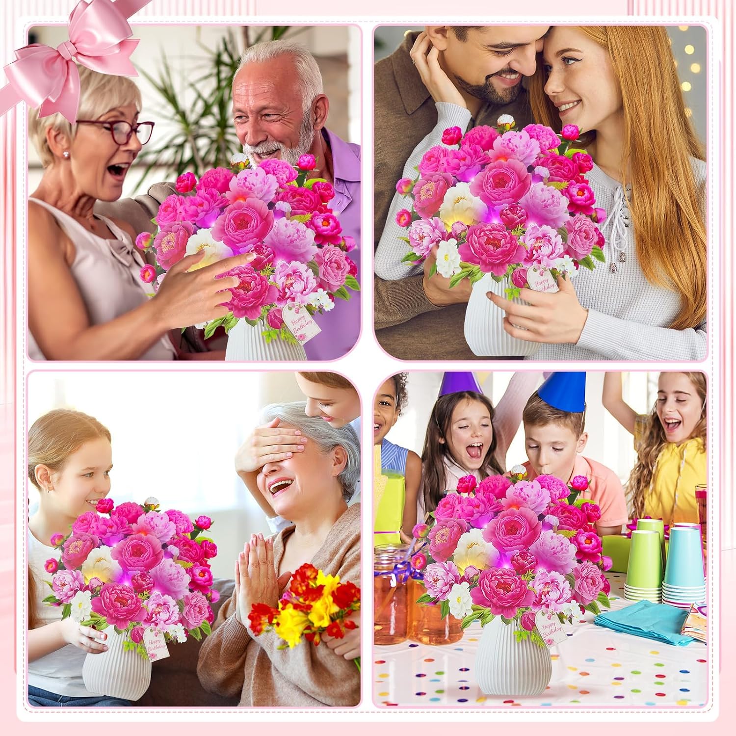 Detalle 2 de WUJUN 3-in-1 Pink Peony Pop Up Birthday Card with Music & Lights (10 inch) – For Mum, Wife, Daughter