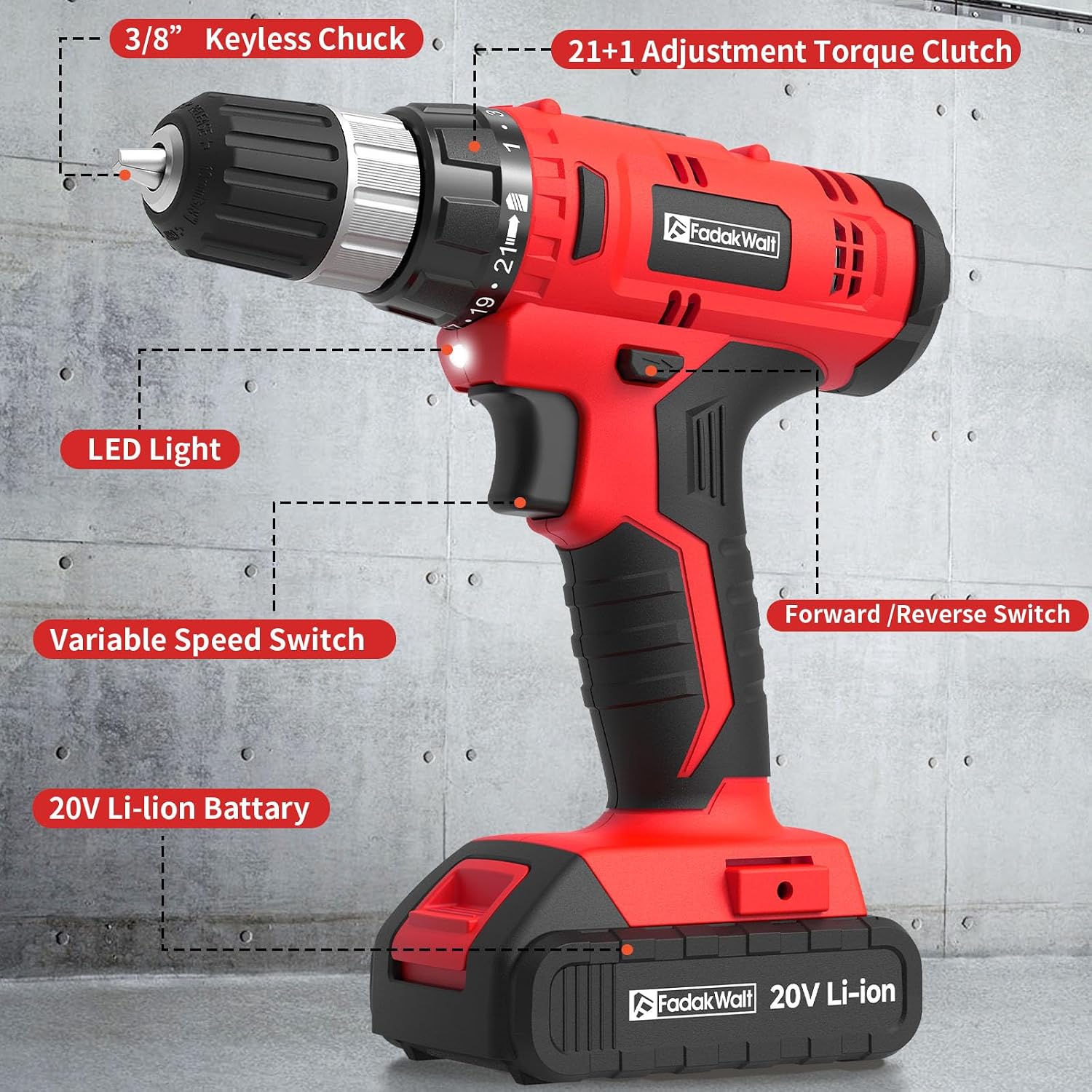 Detalle de FADAKWALT Cordless Drill, 1.5 Ah Battery