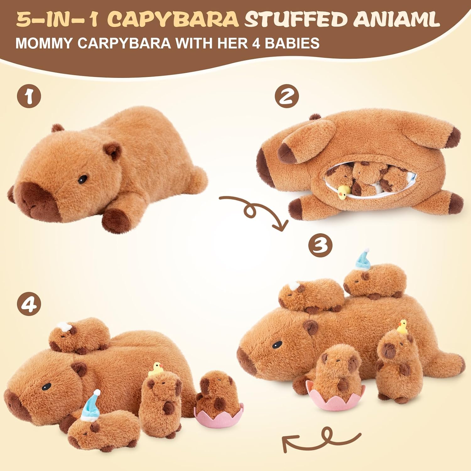 Detalle de SuzziPals Lotus Capybara Plush with 4 Babies, 17-Inch Mom and Washable Set