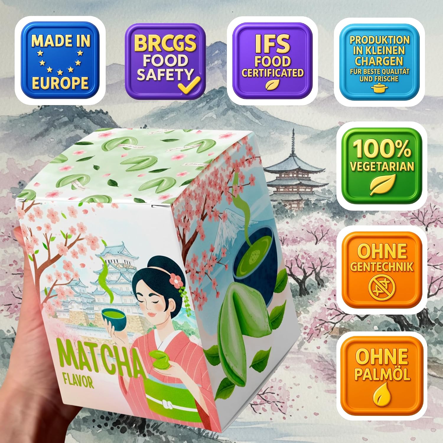 Detalle de Glückskekse Einzeln Verpackt – Matcha Fortune Cookies, 15 Stück (Deutsch & Englisch Sprüche)