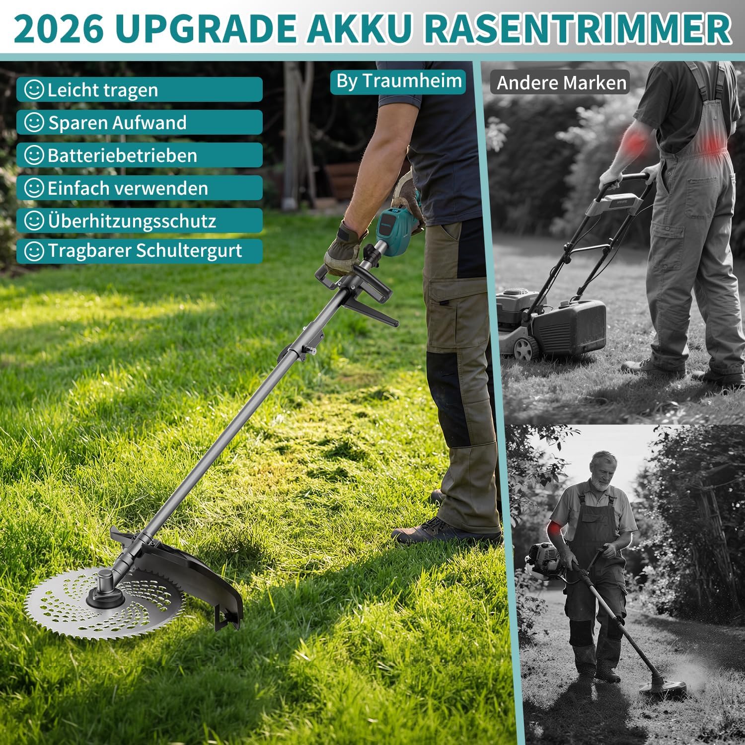 Thumbnail 5 de Traumheim Akku-Rasentrimmer 4-in-1 mit 2× 4,0Ah Akkus und bürstenlosem 950-W-Motor