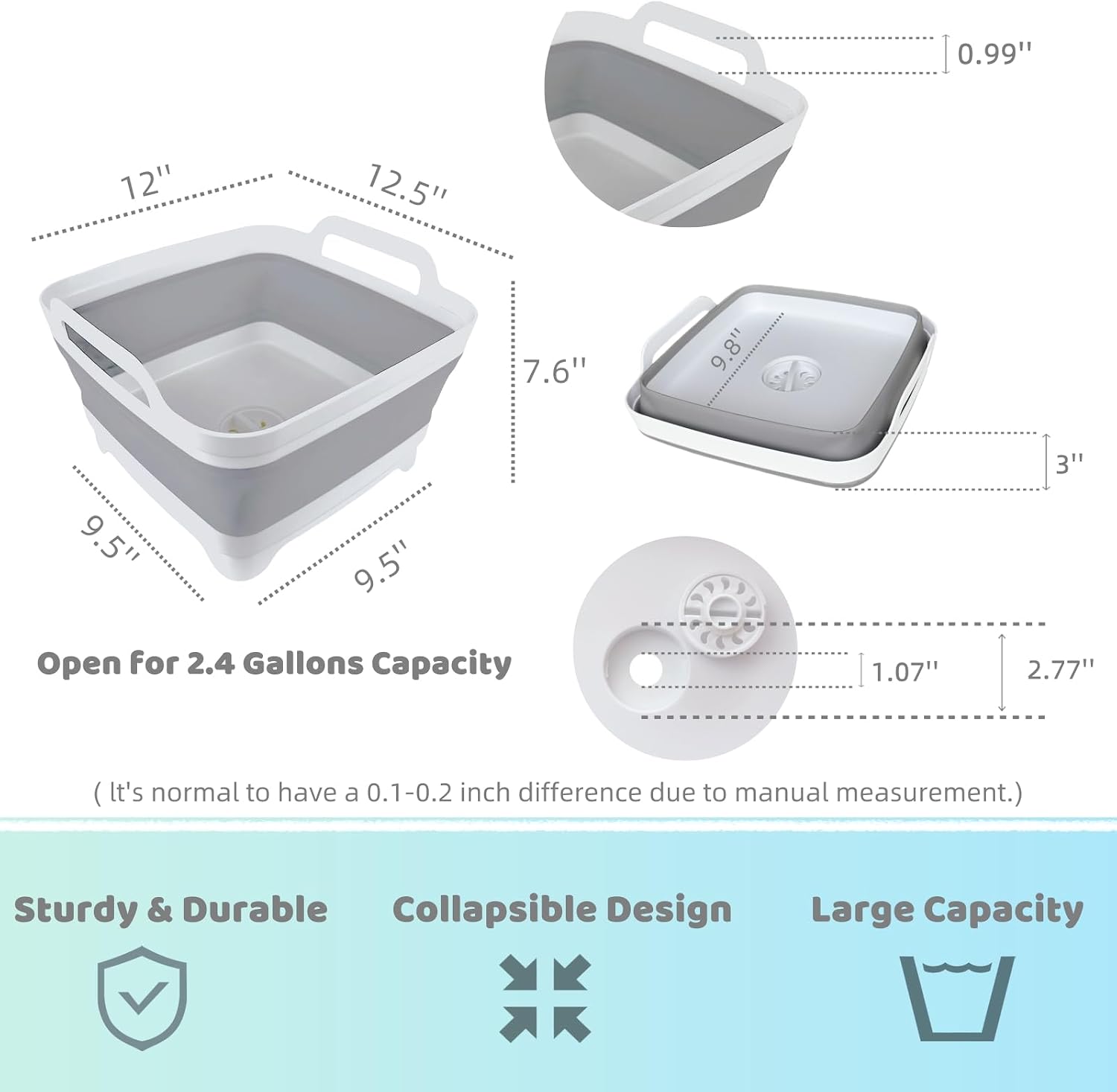 Detalle de GIMWA Collapsible Wash Basin with Drain Plug — 2.4 Gallon Foldable Sink (Gray)