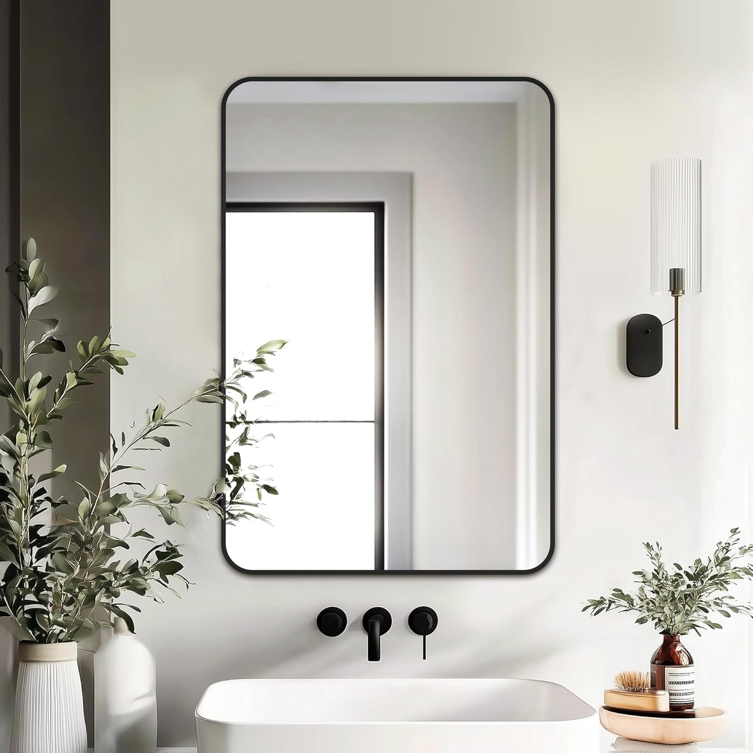 Detalle de Delma Bathroom Vanity Mirror (Black Frame) – HD Reflection, Unbreakable Wall Mirror, 30x20