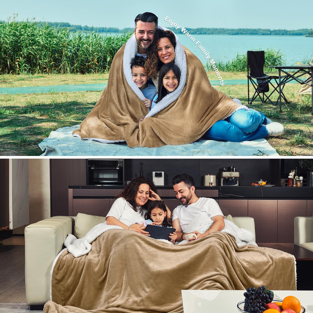 Detalle de KAWAHOME SFBQU6023 Sherpa Fleece Queen Blanket, 500 GSM, Camel