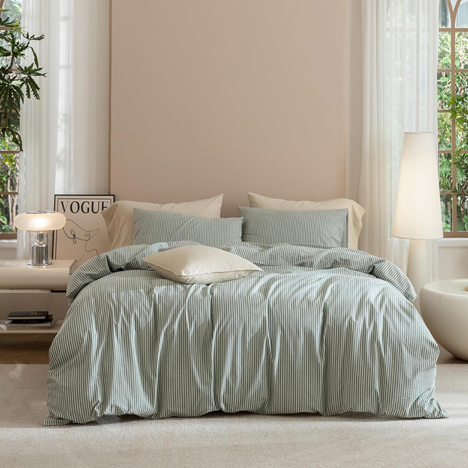Thumbnail 6 de JIYUAN Alaska King Duvet Cover Set (3-Piece) in Heathered Cream Grey — 100% Washed Cotton, Hidden Zipper