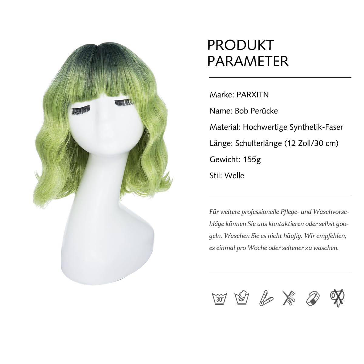 Thumbnail 5 de PARXITN Kurze Bob Perücke Damen – Ombré Grün, Pony, 12 Zoll | Cosplay & Alltag