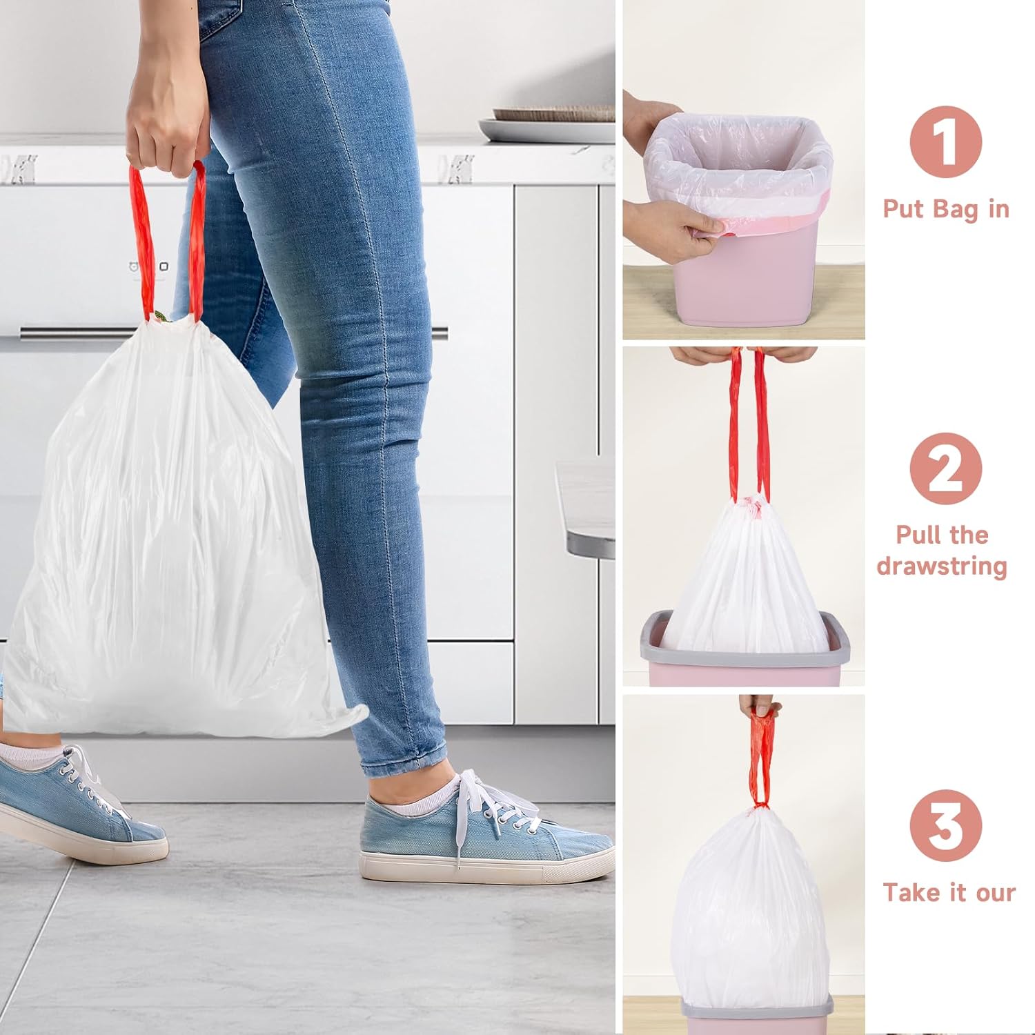 Thumbnail 5 de 2 Gallon Small Trash-Bags with Drawstring for Bathroom, White Mini Garbage Bags (60 Count, Unscented)