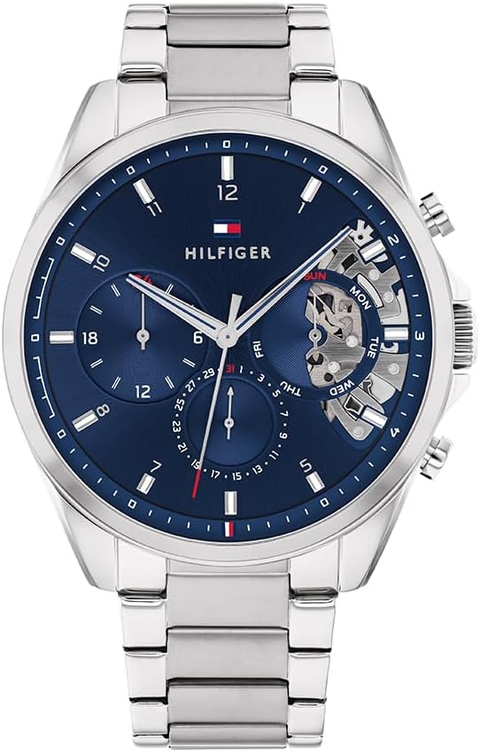 Detalle de Tommy Hilfiger Multi Zifferblatt Quarz Uhr für Herren – Silbernes Edelstahl-Mesh-Armband & Lederarmband