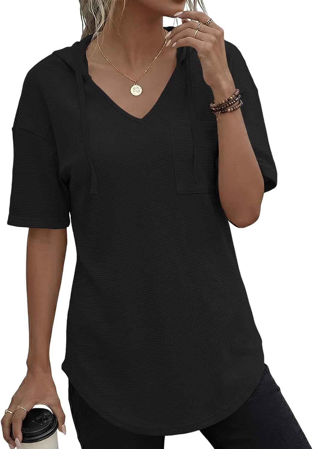 Detalle de Cuptacc Pullover Damen Hoodie mit V-Ausschnitt, Langarm und Kapuze – leichter Waffelstrick