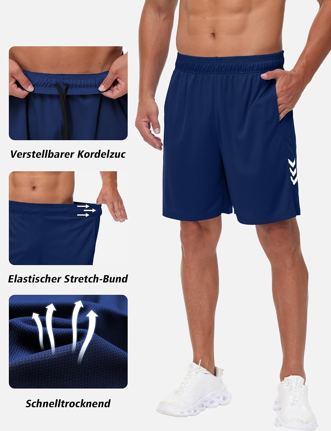 Detalle de Kuzwufs Herren Sporthose Kurze: Atmungsaktive Dry-Fit Laufshorts mit Reißverschlusstaschen