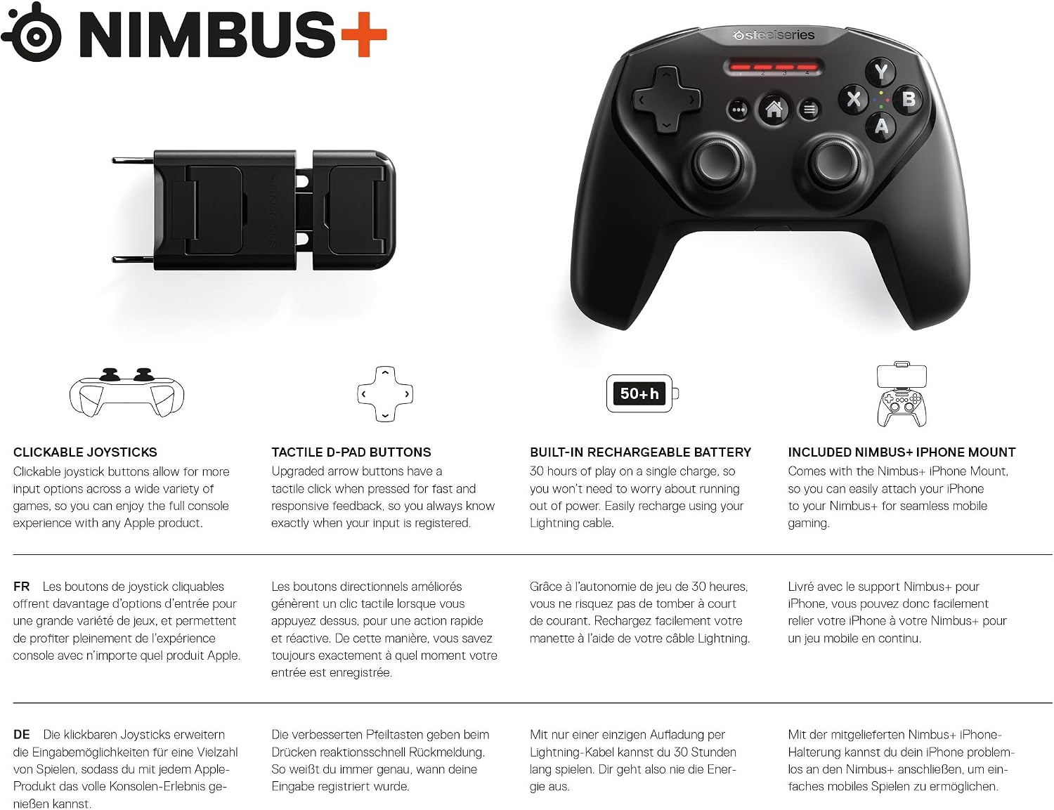 Detalle de Nimbus+ Wireless-Controller von SteelSeries – Wiederaufladbar, kompatibel mit iPhone, iPad, iPod und Apple TV