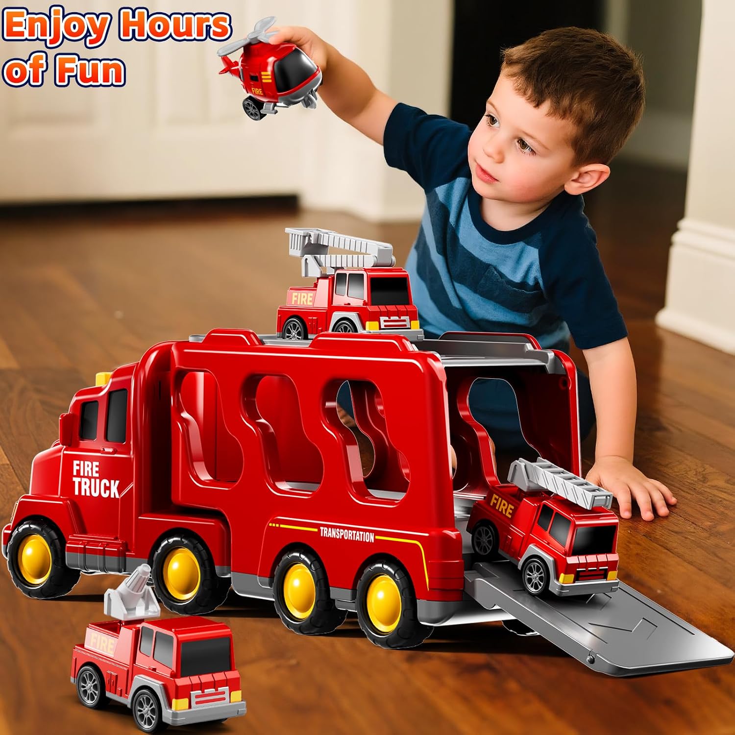 Detalle 2 de KIZONLY Fire Truck Toys 5-in-1 Carrier Vehicle Set ๐