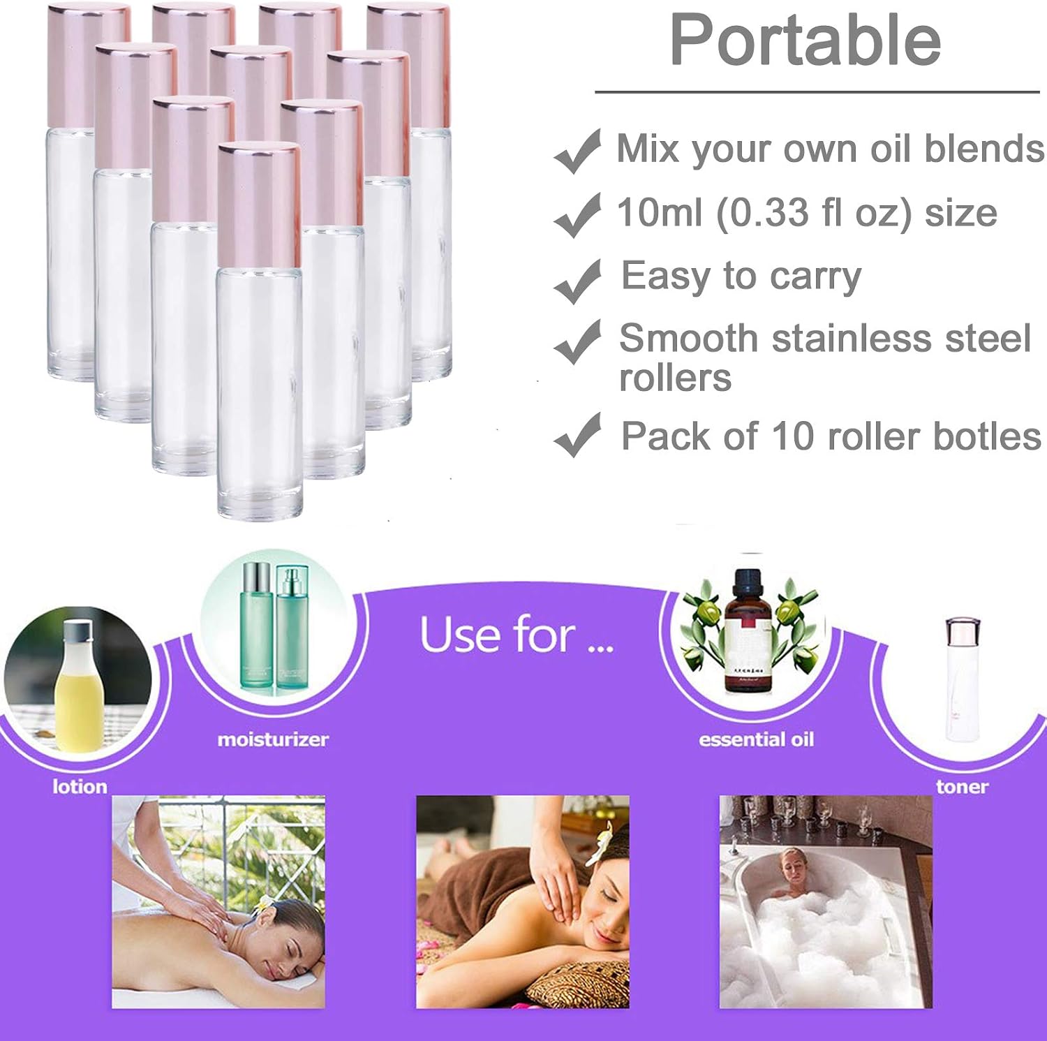 Detalle de Alledomain 10Pcs 10ml Essential Oil Roller Bottles (Refillable Glass Roll-On Set)