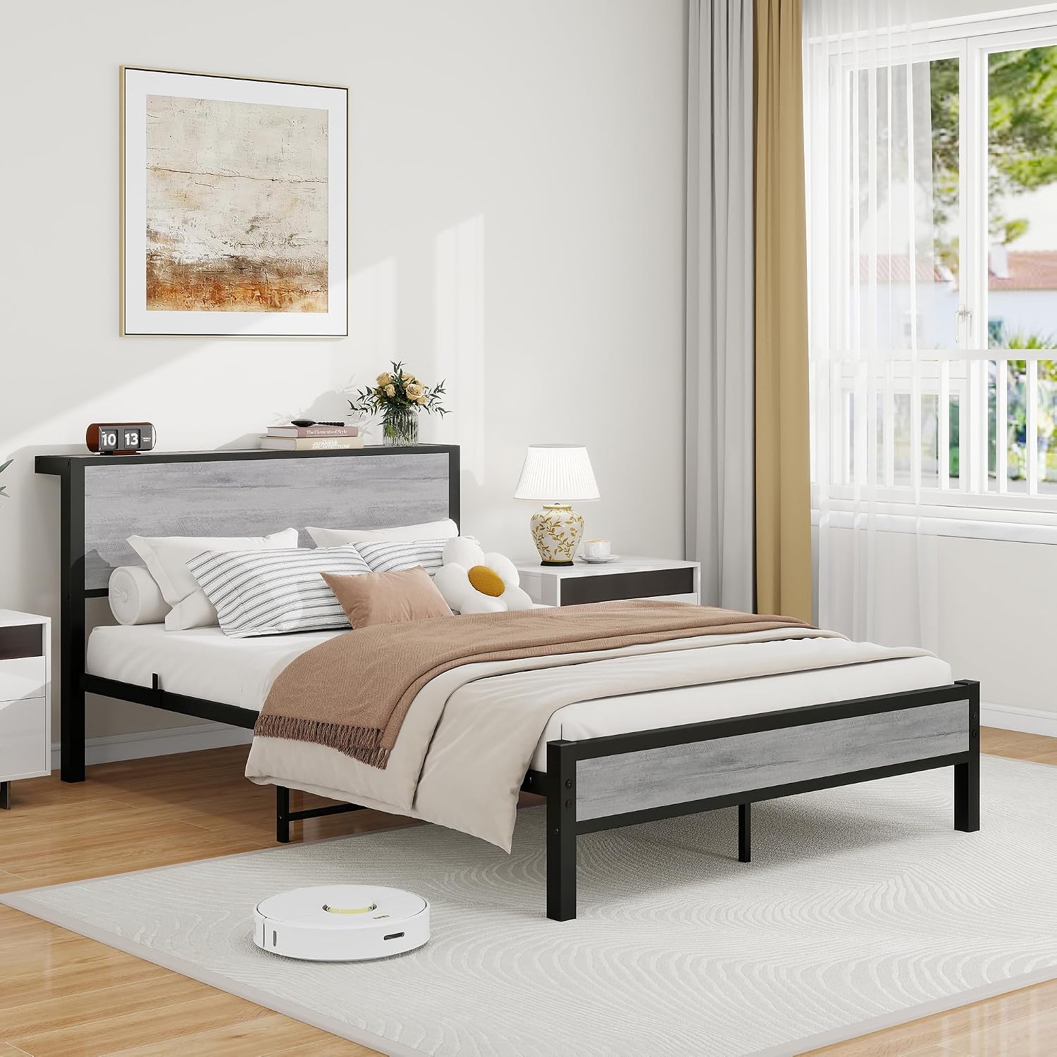 Thumbnail 2 de DUMEE Double Bed Frame with Wooden Storage Shelf Headboard and Metal Platform – Black/Grey Oak