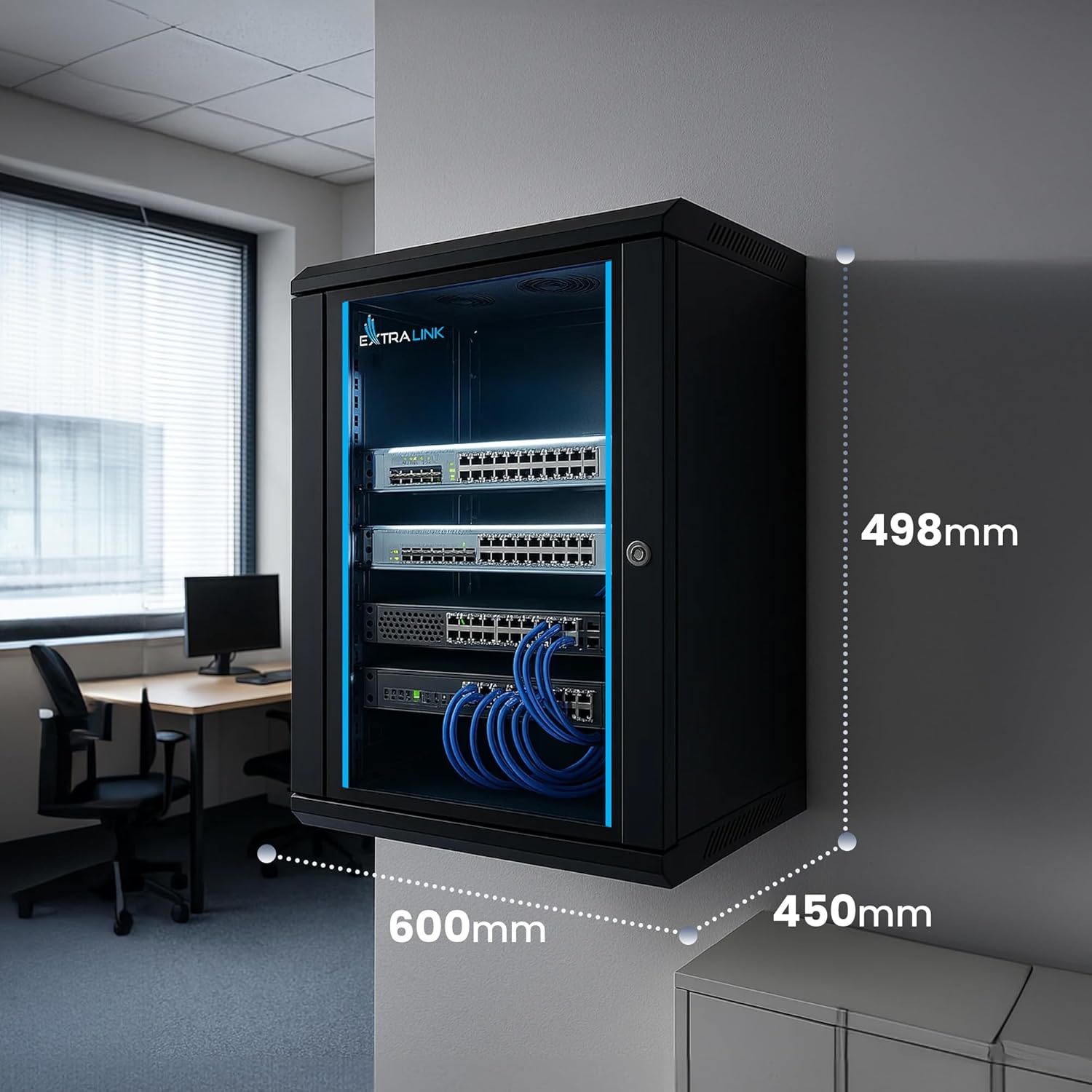 Thumbnail 5 de Extralink 19-Zoll-Serverschrank 9HE (450 mm) mit gehärteter Glastür, abschließbar – Wand- oder Standmontage
