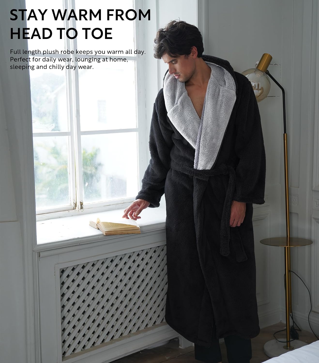 Detalle 2 de DAVID ARCHY Men's Full-Length Hooded Plush Fleece Bathrobe