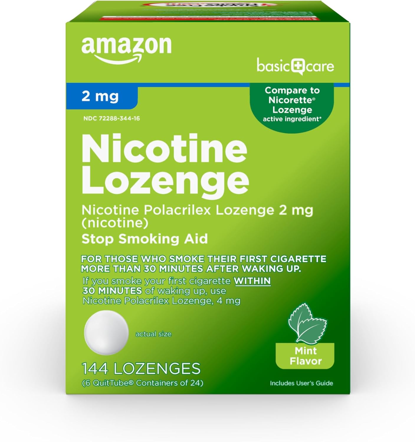 Amazon Basic Care Nicotine Polacrilex Lozenge 2 mg (Mint) – Stop Smoking Aid, 144 Count