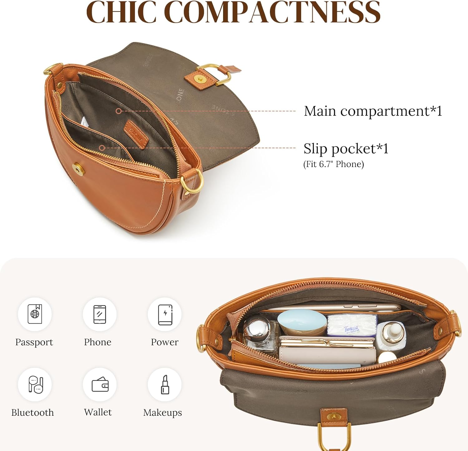 Thumbnail 3 de S-ZONE Top Grain Vegetable Tanned Leather Crossbody Bag for Women