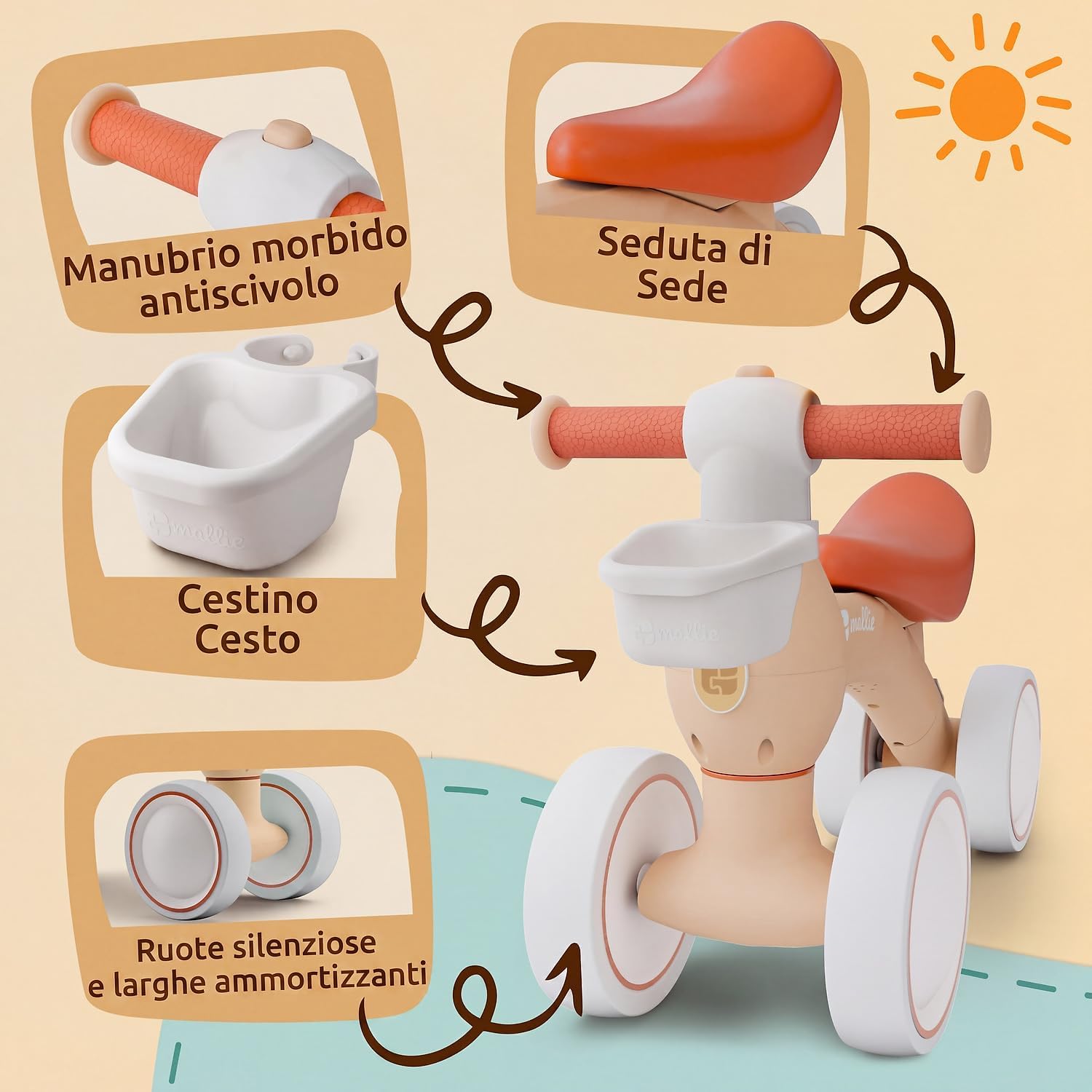 Detalle de Mallie® Bicicletta Senza Pedali con cestino – balance bike per bimbi 1–2 anni