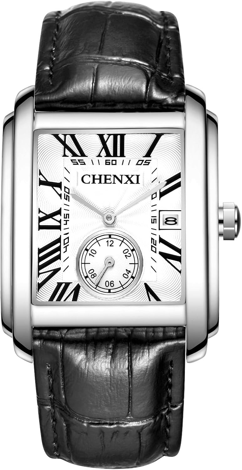 Detalle de JewelryWe Herren Uhr Analog Quarz Kalender – Rechteckiges Design, Lederarmband
