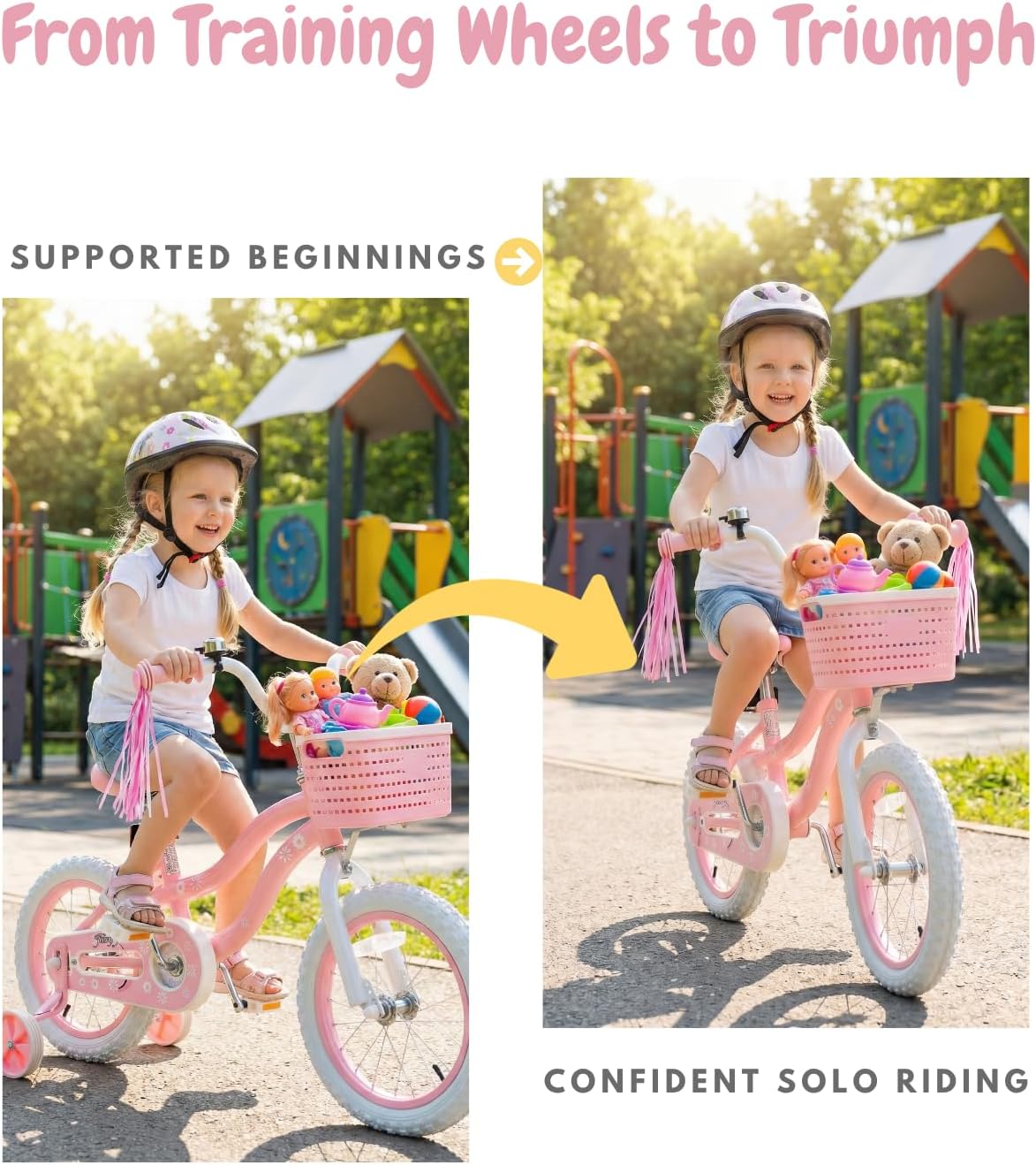 Detalle de Bicystar Girls Bike for Kids Ages 2–5, 12/14/16/18 Inch Pink Bicycle with Training Wheels, Basket & Streamers