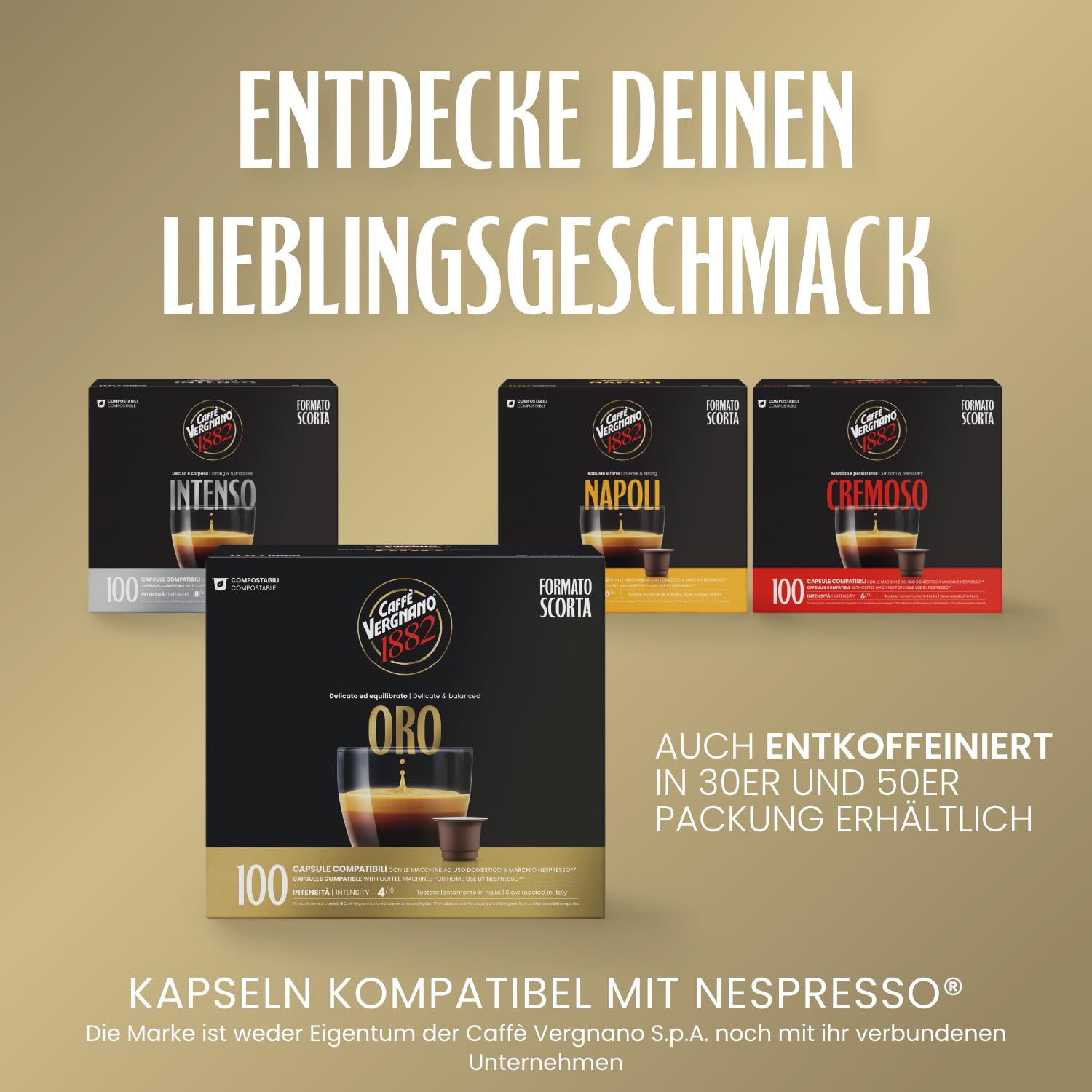 Detalle de Caffè Vergnano 1882 Espresso – kompostierbare Kaffeekapseln, 100 Stück (kompatibel mit Nespresso)