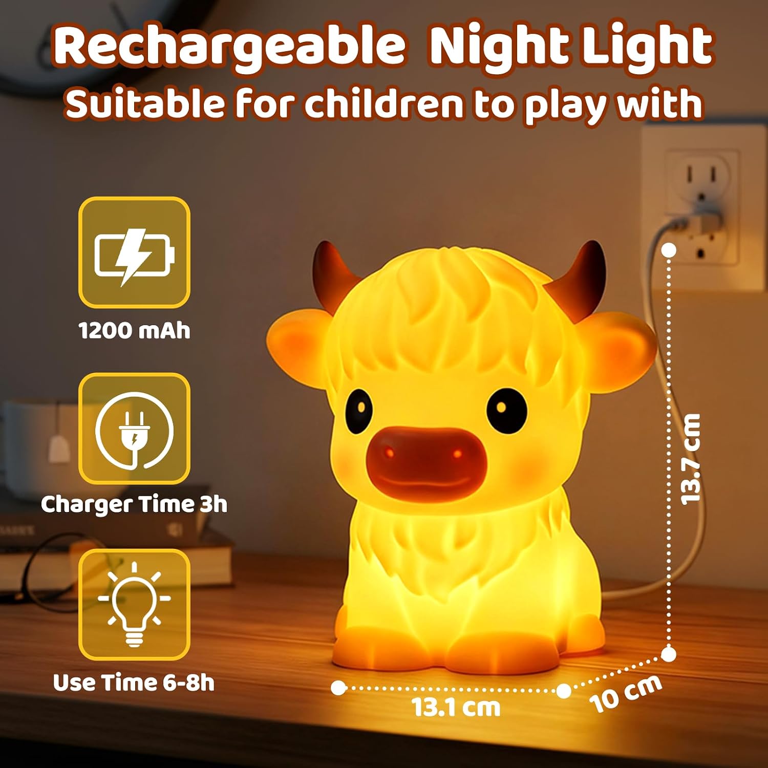 Thumbnail 4 de Mewaii Highland Cow Nachtlicht für Kinder aus Silikon – wiederaufladbar mit 3 Helligkeitsstufen und 30-Minuten-Timer