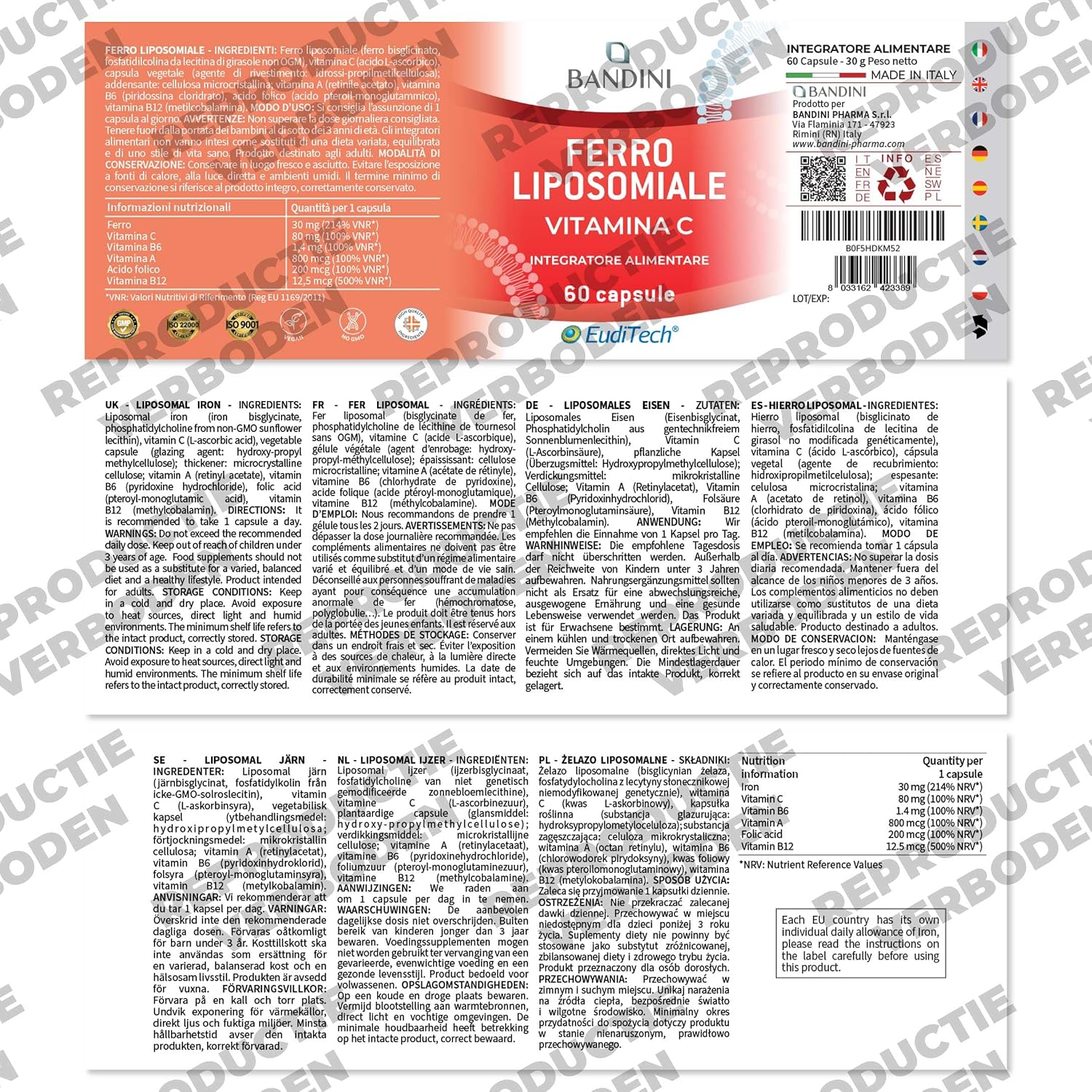 Detalle 1 de BANDINI Liposomaal IJzercomplex 30 mg, met vitamine C, B12, B6, A en foliumzuur