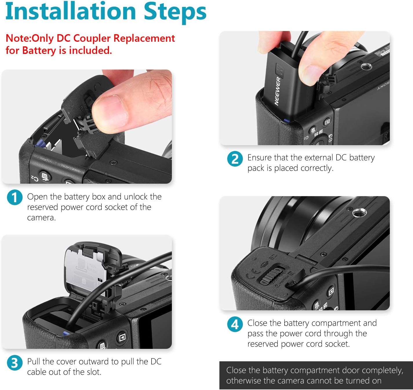 Detalle 2 de NEEWER DC Accoppiatore di ricambio per batteria NP-FW50 con alimentazione USB (5V-2A) per fotocamere Sony A7/A6500/NEX
