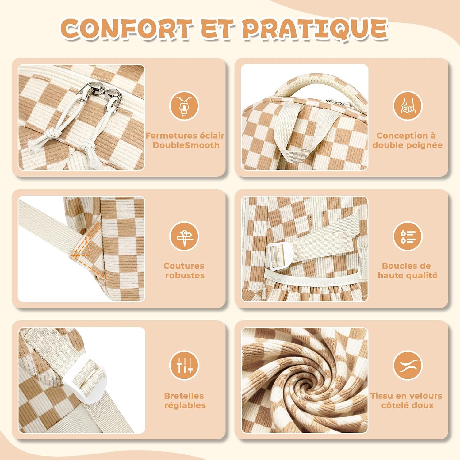 Detalle de Sisipoet Sac à Dos Velours Côtelé Damier, Cartable Avec Pochette Ronde – idéal pour l’école