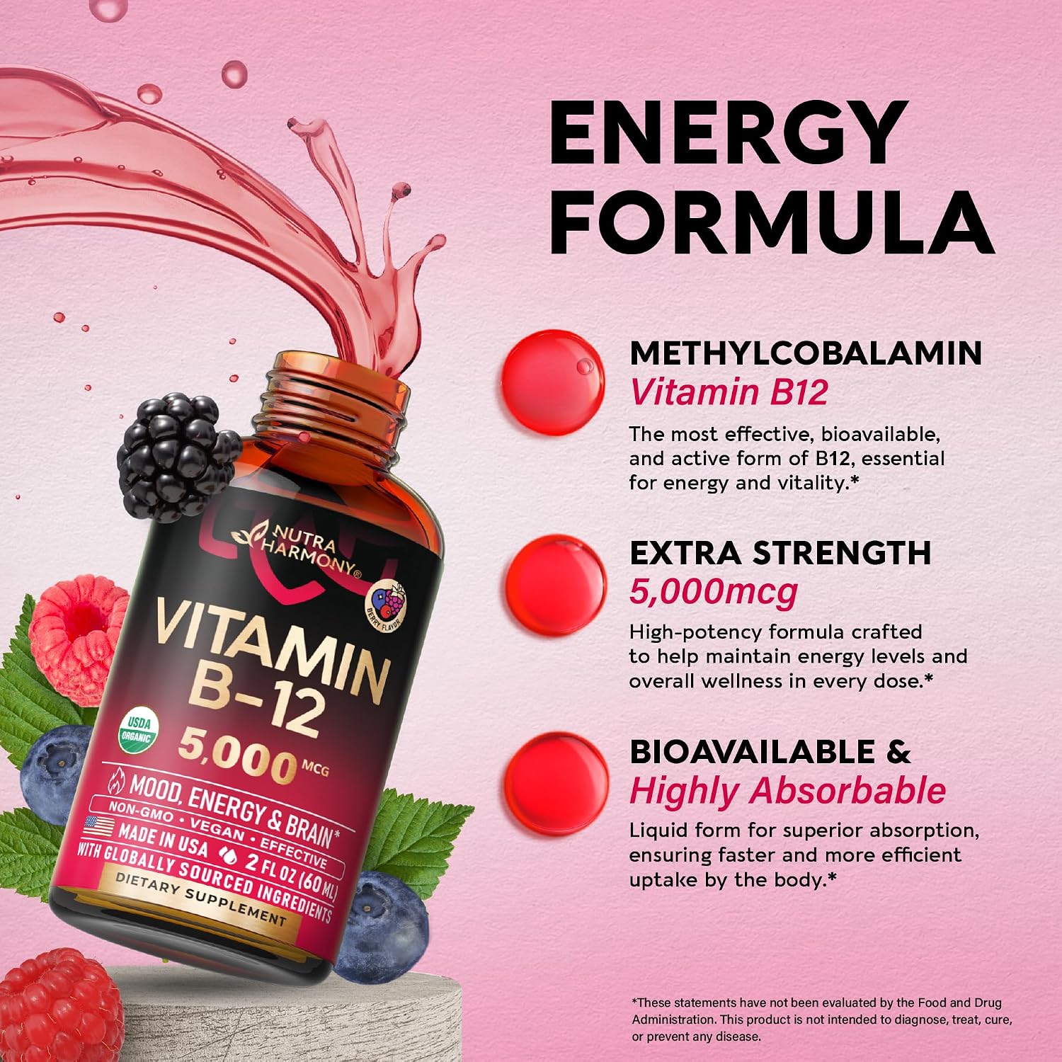 Detalle 2 de NUTRAHARMONY B12-0823 Vitamin B12 Drops, 5,000 mcg Methylcobalamin
