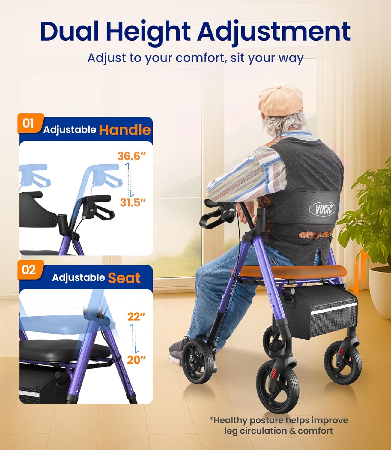 Thumbnail 3 de VOCIC Z21 Rollator Walker with Seat, Brakes, Bag & Foldable Frame (Purple) – Adjustable Height, 20cm Wheels