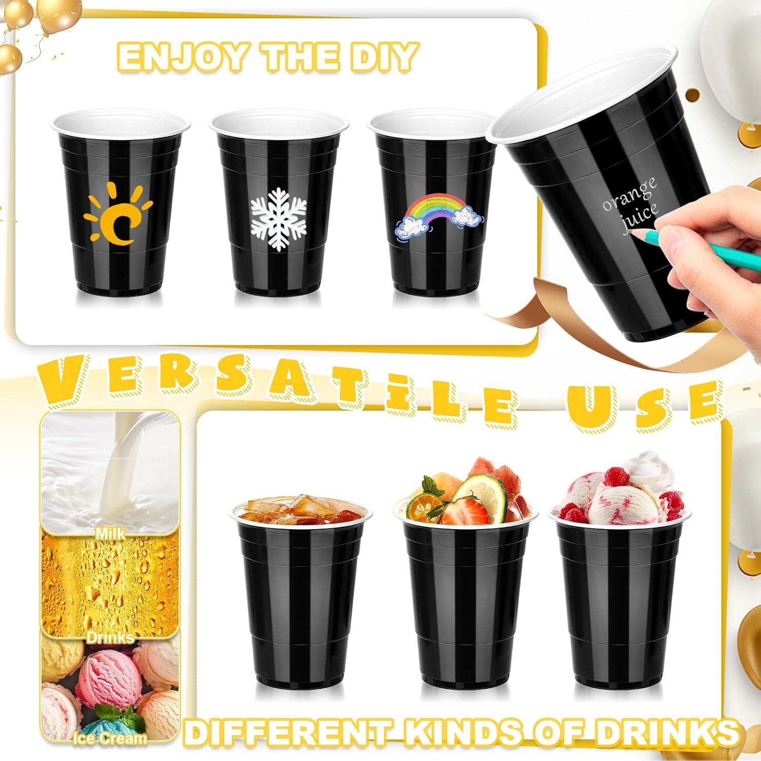 Detalle 2 de DI QIU REN 16 oz Black Plastic Cups, 100-Pack, Stackable with Fill Lines
