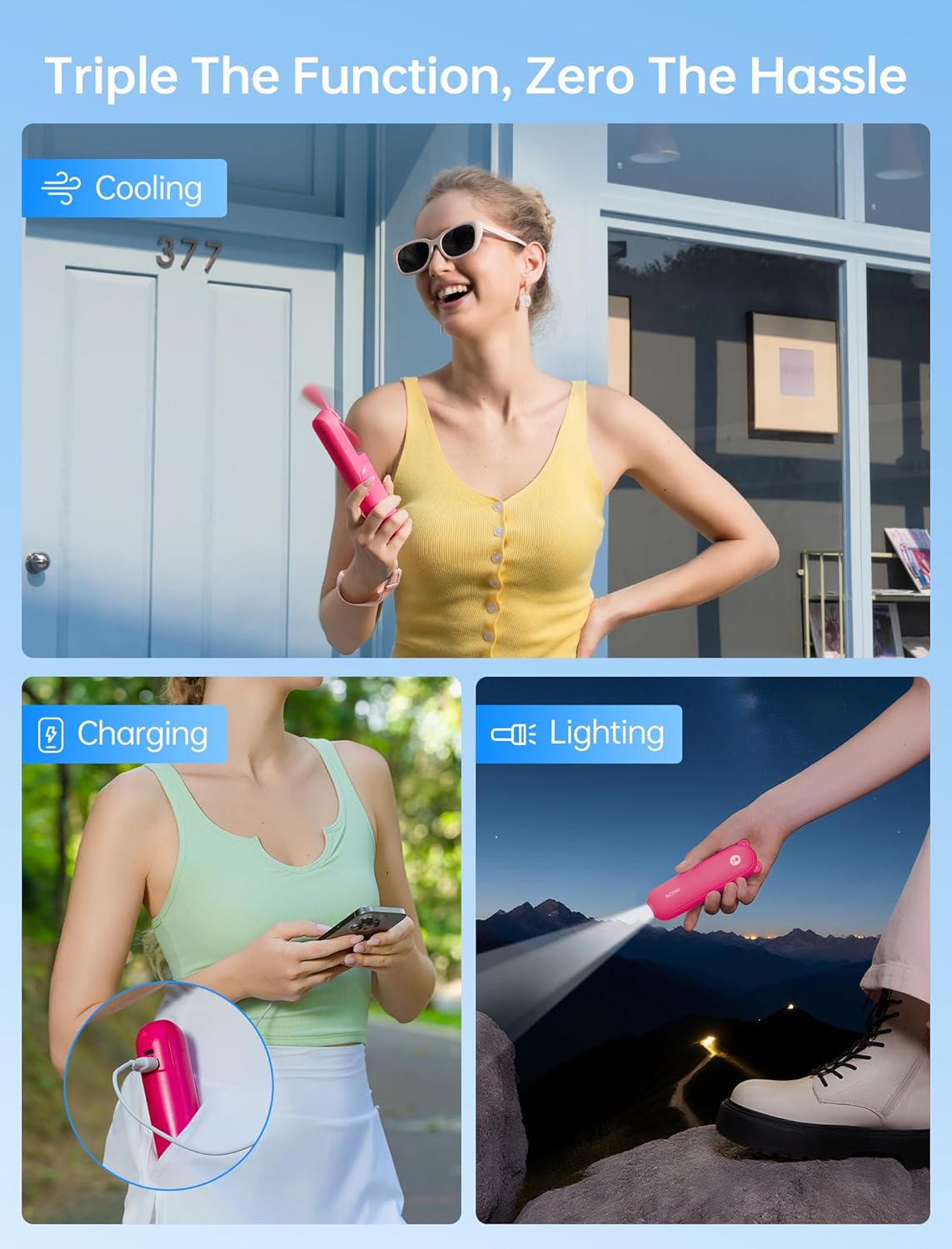 Thumbnail 1 de JISULIFE Mini-Handventilator 3-in-1 (USB, Powerbank & Taschenlampe) – kompakter Taschenventilator mit bis zu 19 Stunden Laufzeit