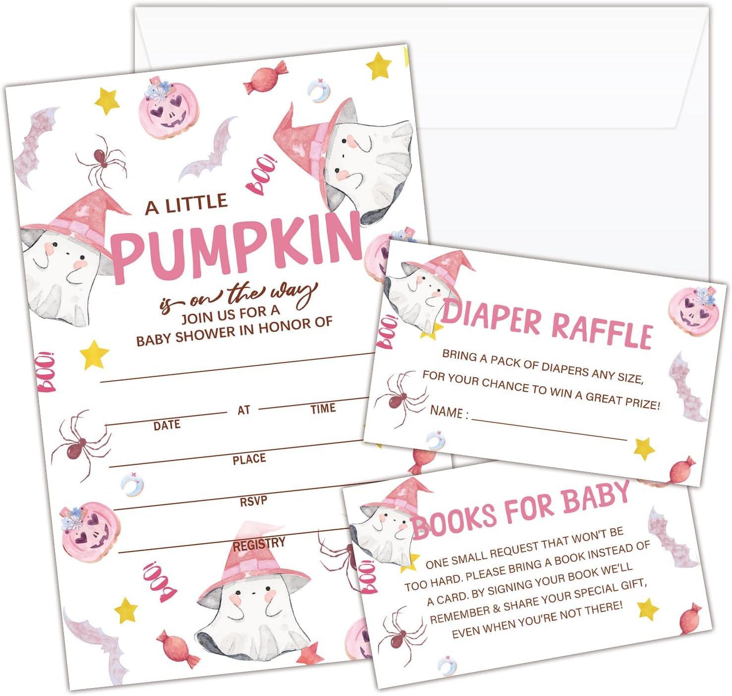 Detalle de HQLOW Pink A Little Pumkin Halloween Boo! Baby Shower Invitation Set