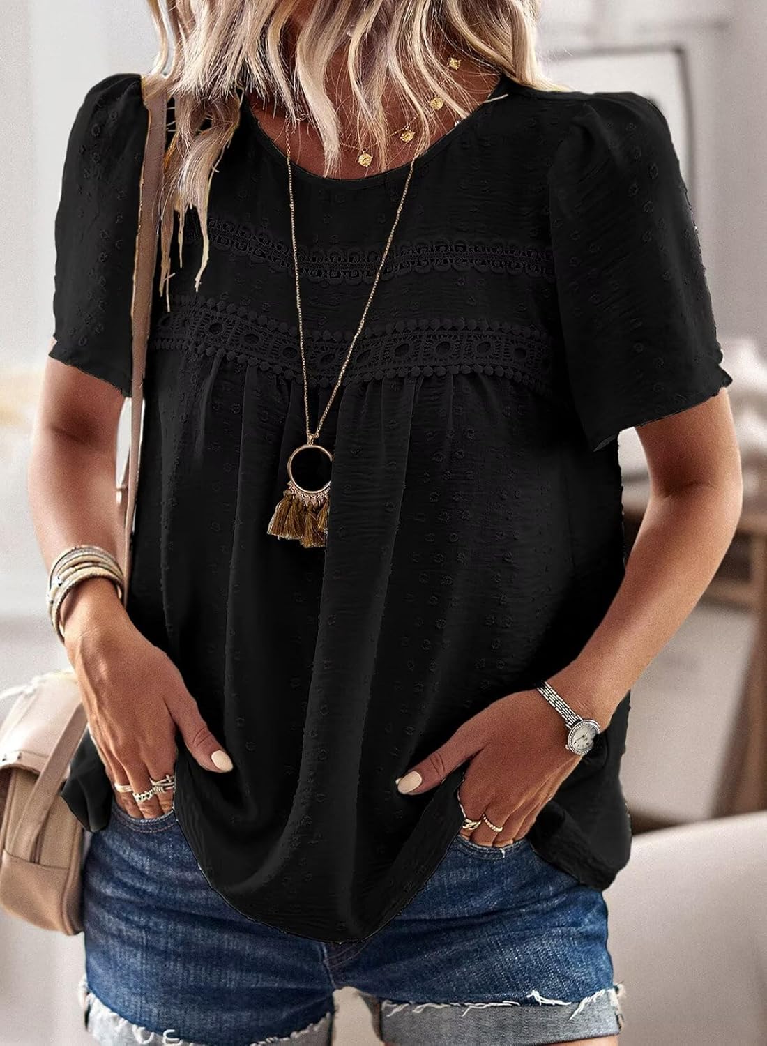 Thumbnail 4 de TUUHAW Femme Chemisier Boho – Blouse Manches Courtes Col Rond Dentelle Fluide
