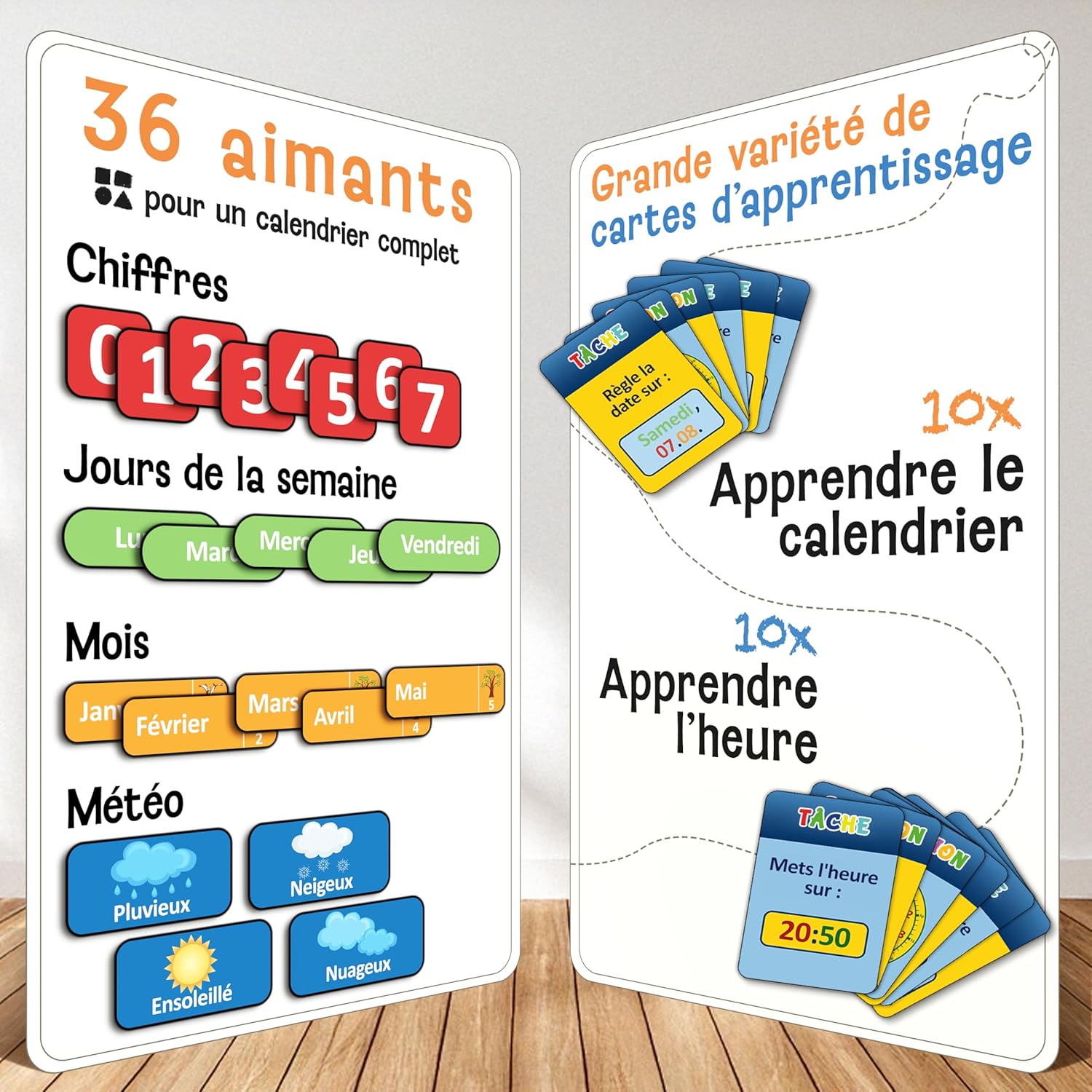 Thumbnail 2 de LIKARTO Mon Premier Calendrier – Jeu Éducatif Magnétique pour Enfants (42x32 cm) avec 36 aimants & 20 cartes d’exercices, Horloge et Station Météo