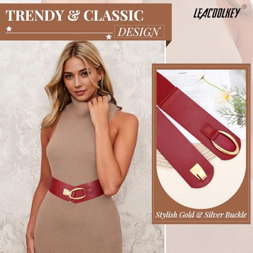Detalle de LEACOOLKEY Damen breiter elastischer Gürtel – Vintage-Style mit goldener Schnalle