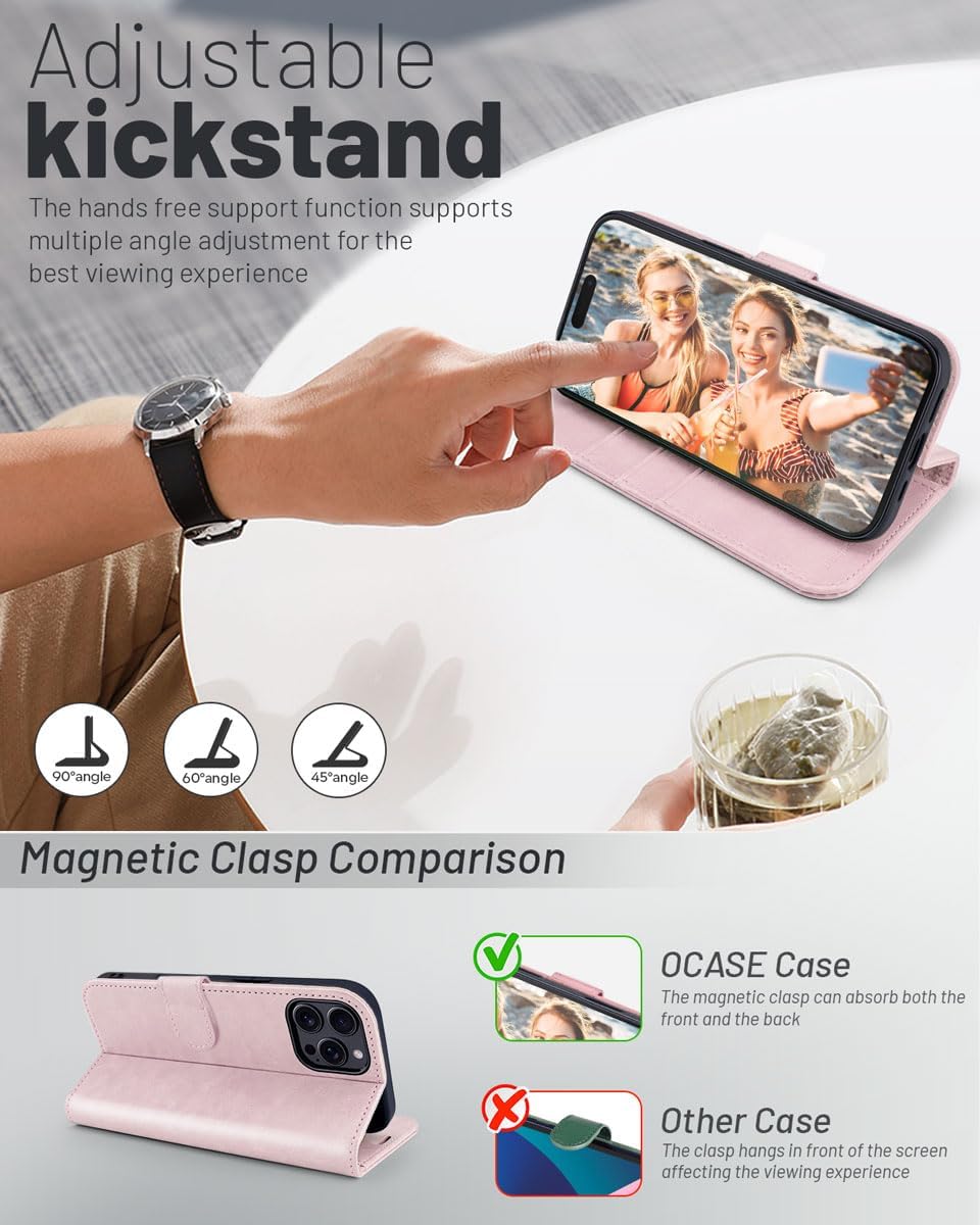 Thumbnail 3 de OCASE Hülle für iPhone 16 Pro Max – Premium PU Leder, Kartenfach, Standfunktion, RFID-Schutz, Hellrosa