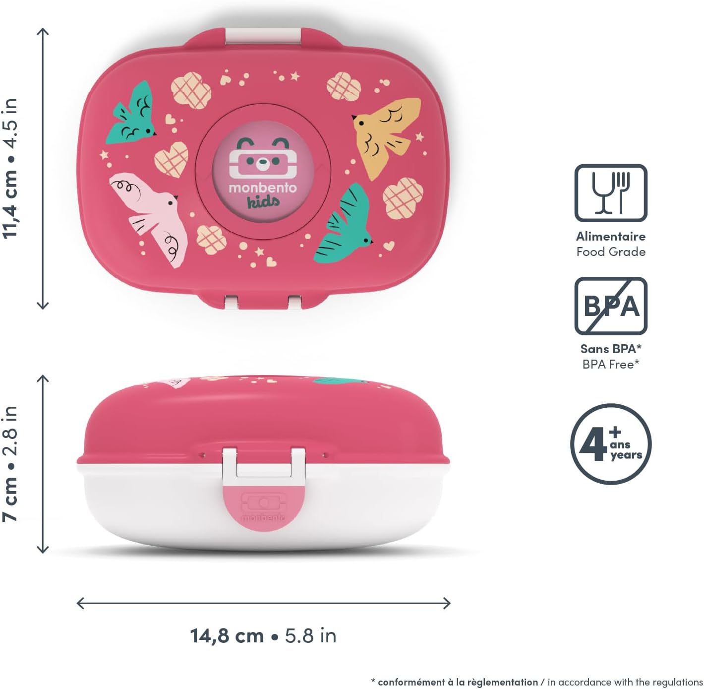 Detalle de monbento MB Gram rose Birds : boîte à goûter enfant sans BPA, hermétique et personnalisable