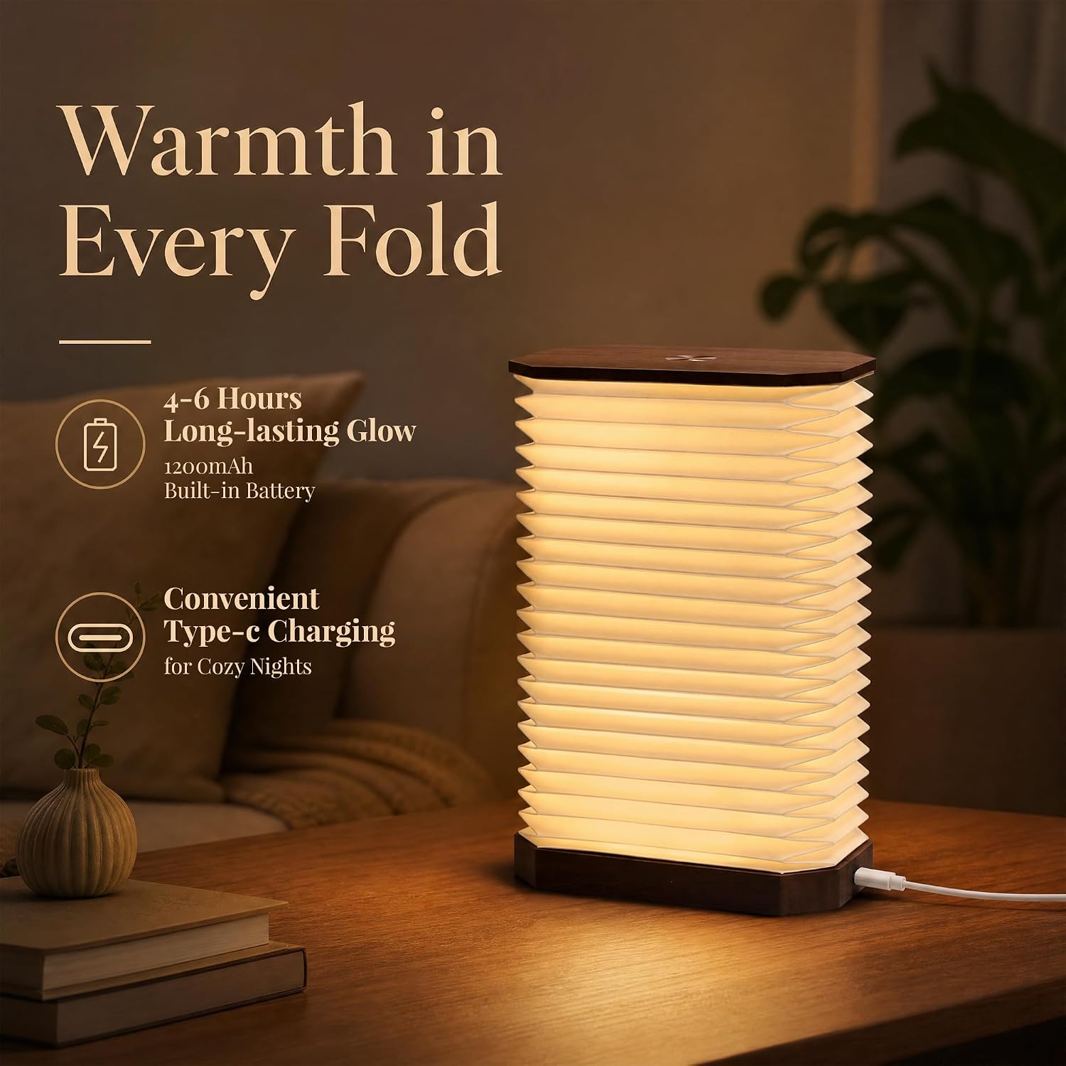 Detalle 1 de Ba suns OL-1-B Folding Accordion Paper Lamp, Rechargeable Touch-Dimmable LED