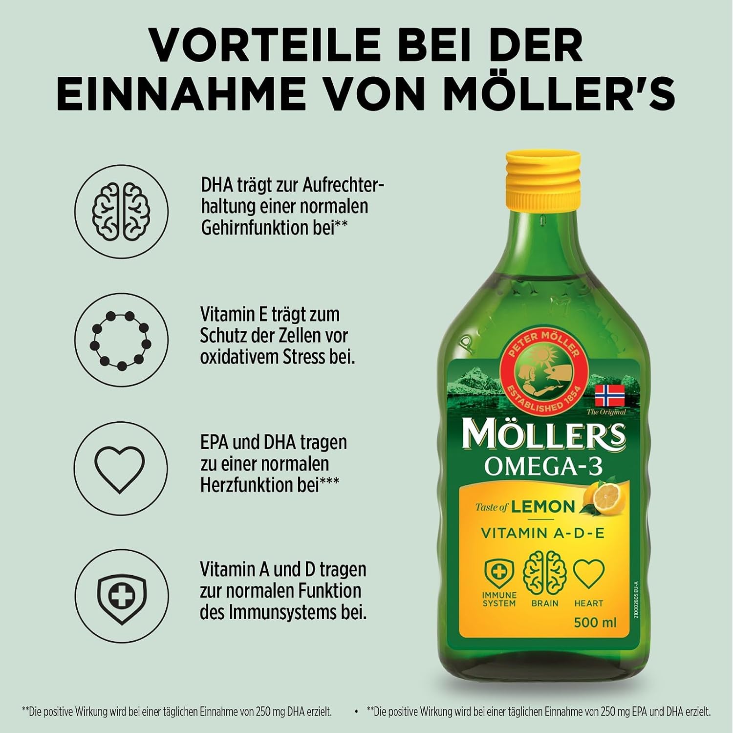 Detalle 2 de Möller's Omega 3 Lebertran Öl | Nordic Omega 3 – Lebertran mit EPA/DHA, Vitamin A, D, E (500 ml)