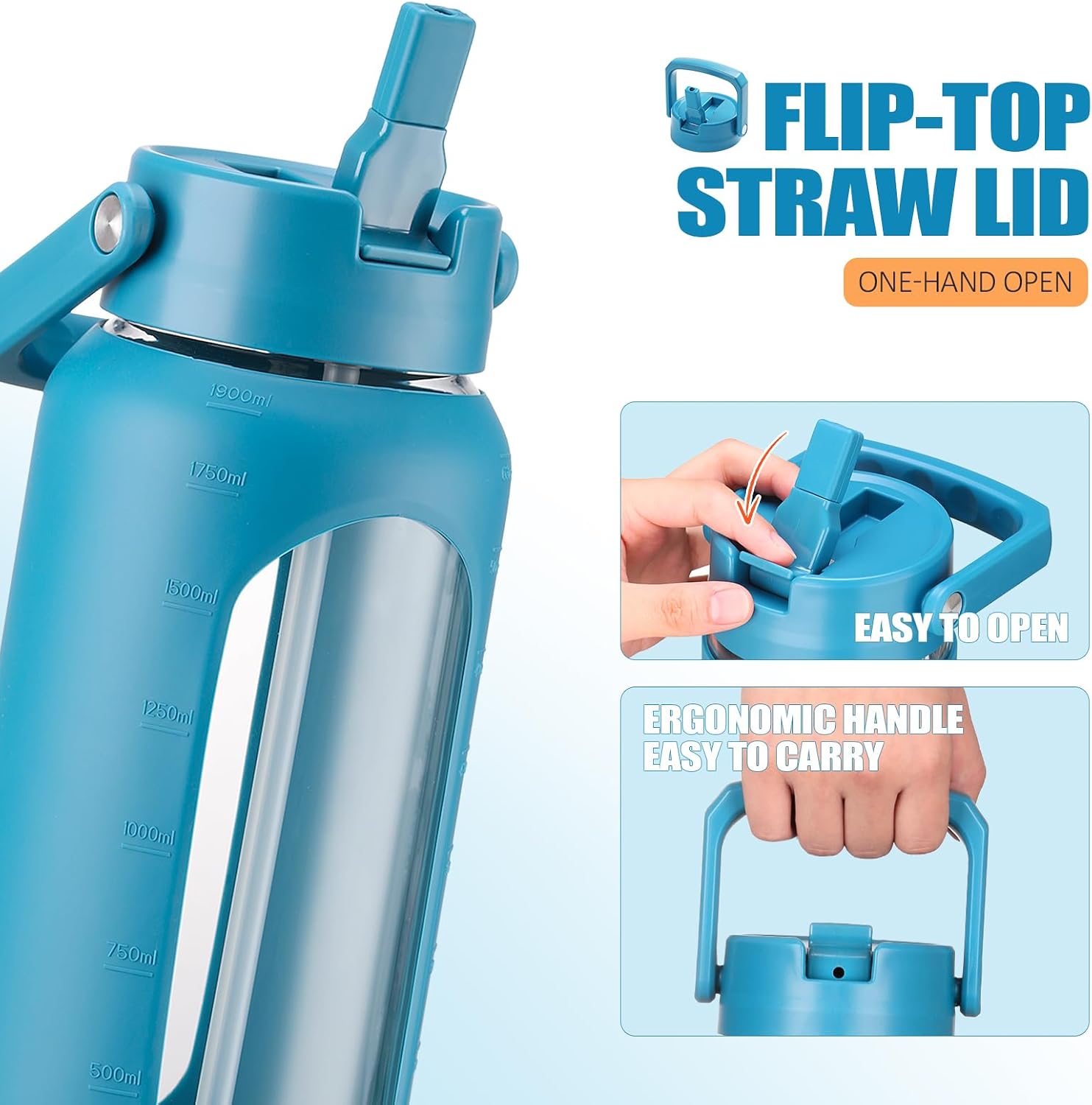 Detalle 2 de BLUEGO 2-Liter Glasflasche mit 2 Deckeln, Zeitmarkierungen und Strohhalm – auslaufsicher